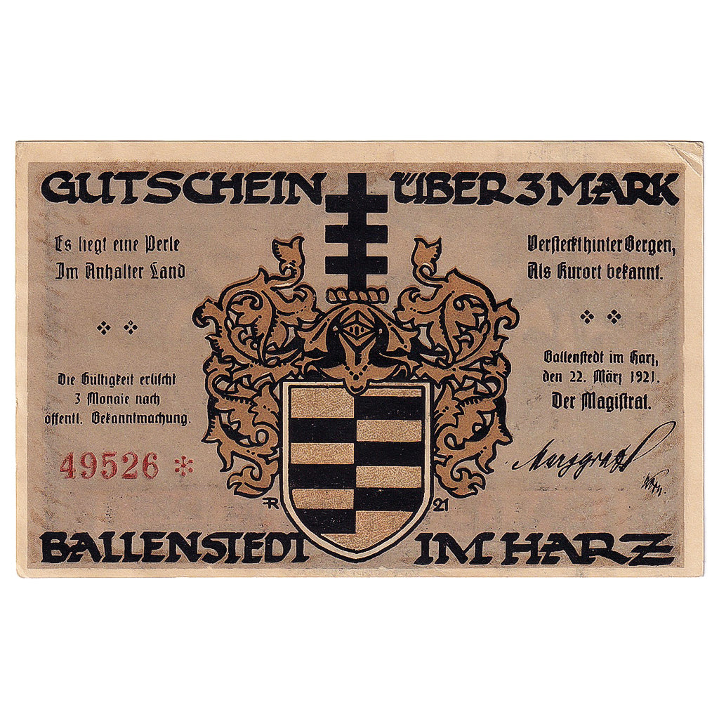 Banknot, Niemcy, Ballenstedt, 3 Mark, Blason 1921-03-22, UNC(63) Mehl:61.3