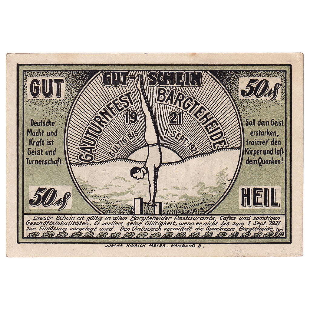 Banknot, Niemcy, Bargteheide, 50 Pfennig, Eglise 1921-09-01, AU(55-58) Mehl:63.1