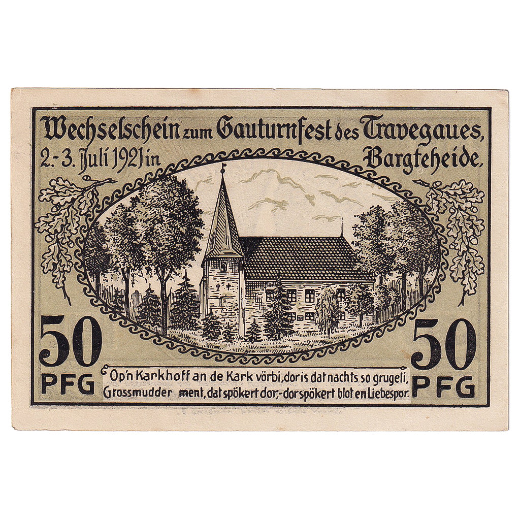 Banknot, Niemcy, Bargteheide, 50 Pfennig, Eglise 1921-09-01, AU(55-58) Mehl:63.1