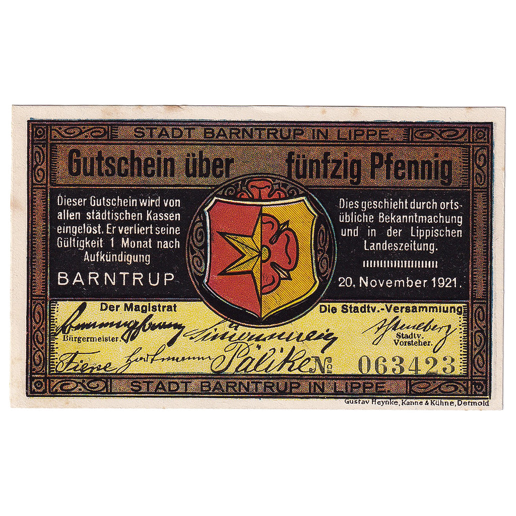 Banconote, Germania, Barntrup, 50 Pfennig, champs 1921-11-20, BB Mehl:66.1