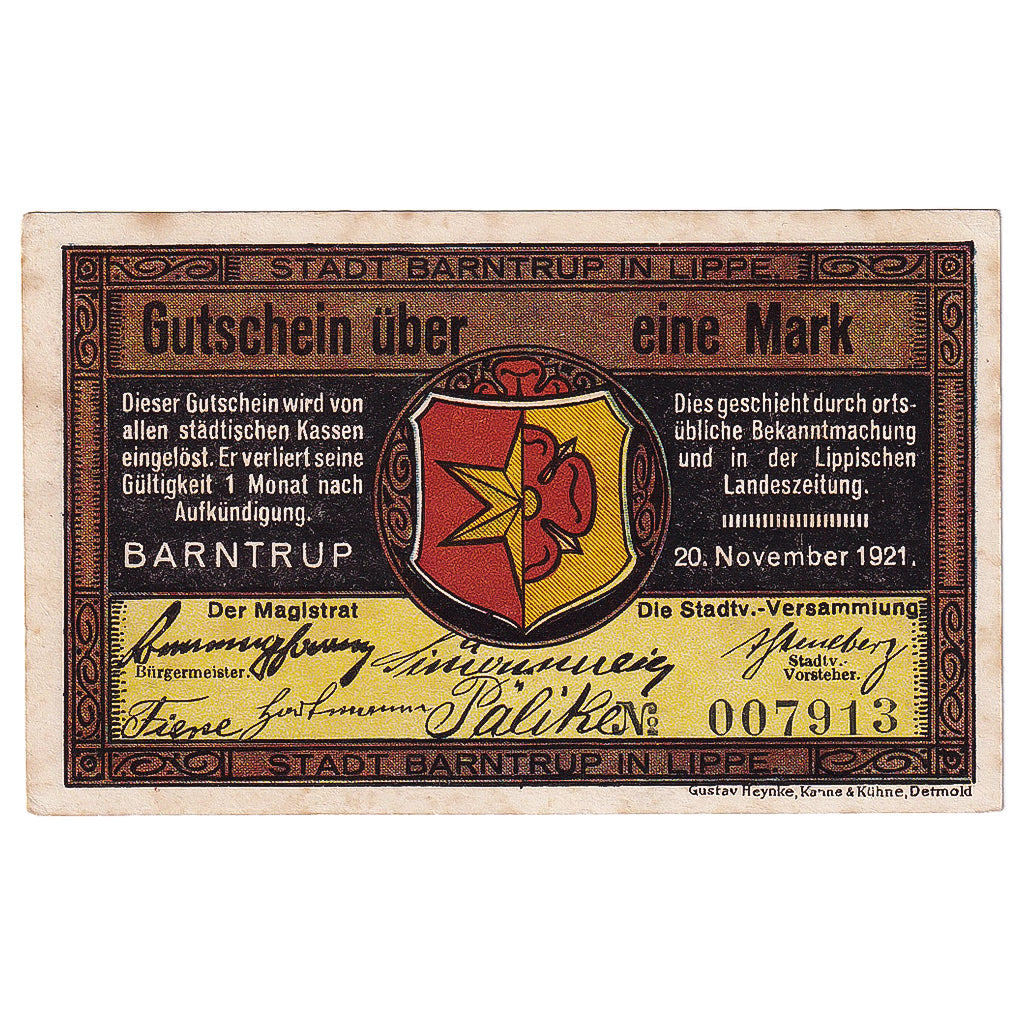 Geldschein, Deutschland, Barntrup, 1 Mark, paysage 1921-11-20, SS Mehl:66.1