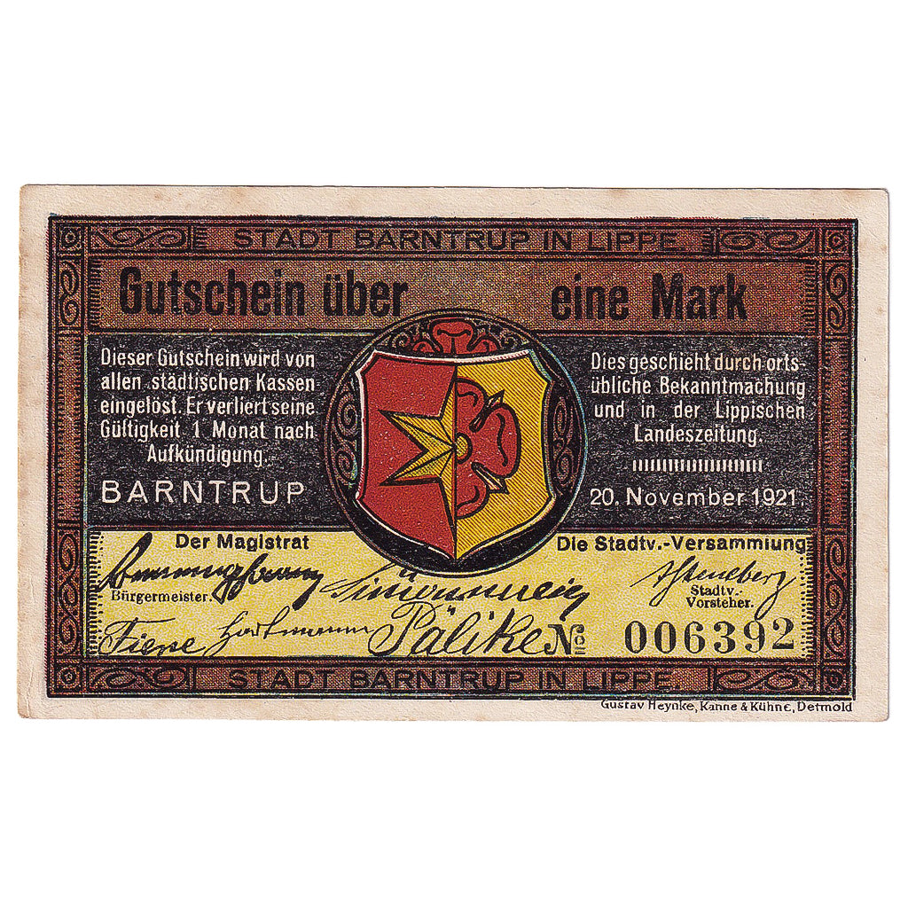 Banconote, Germania, Barntrup, 1 Mark, personnage 1921-11-20, BB Mehl:66.1
