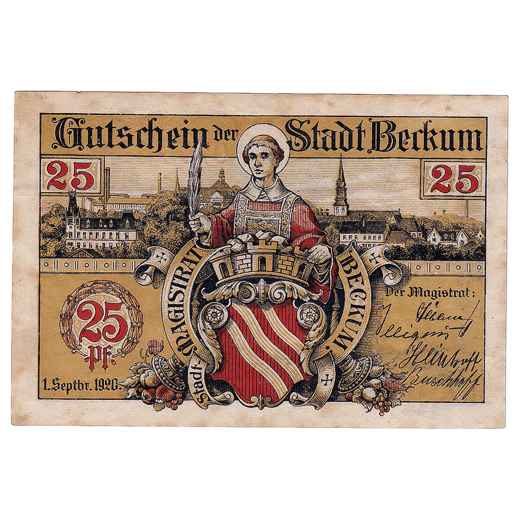Banknot, Niemcy, Beckum, 25 Pfennig, roi, 1920, 1920-09-01, VF(30-35), Mehl:68.2