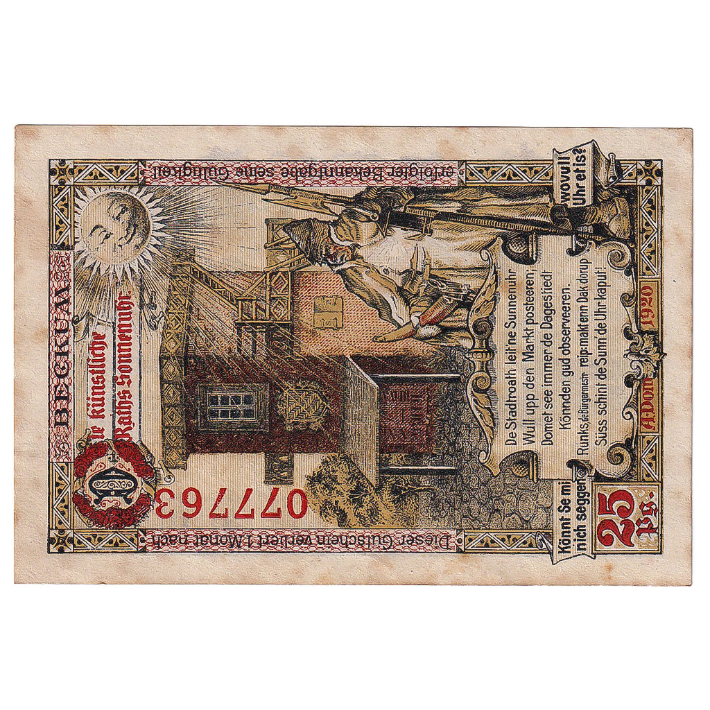 Banknot, Niemcy, Beckum, 25 Pfennig, roi, 1920, 1920-09-01, VF(30-35), Mehl:68.2