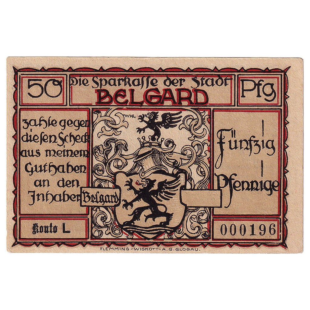 Banknot, Niemcy, Belgard, 50 Pfennig, Blason, 1920, UNC(63), Mehl:69.3a