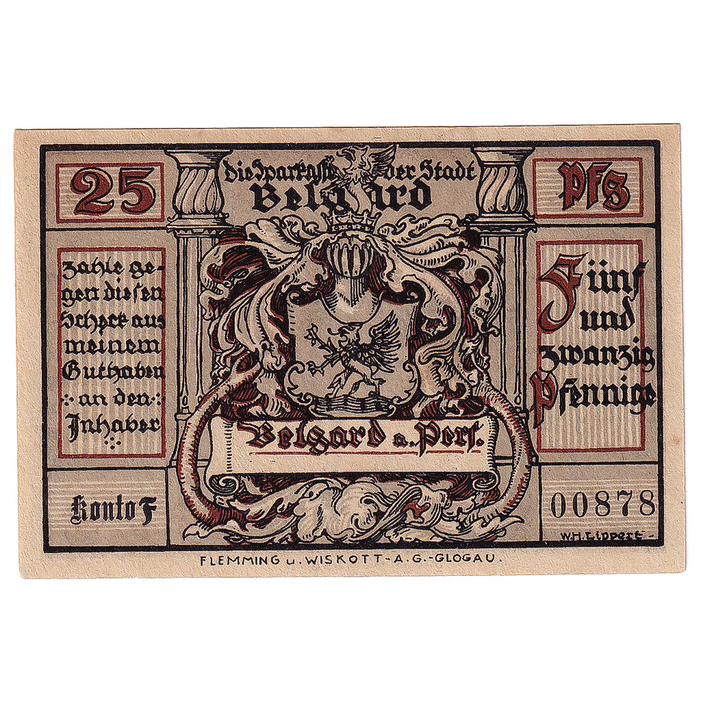 Banconote, Germania, Belgard, 25 Pfennig, Blason, 1920, SPL, Mehl:69.4a