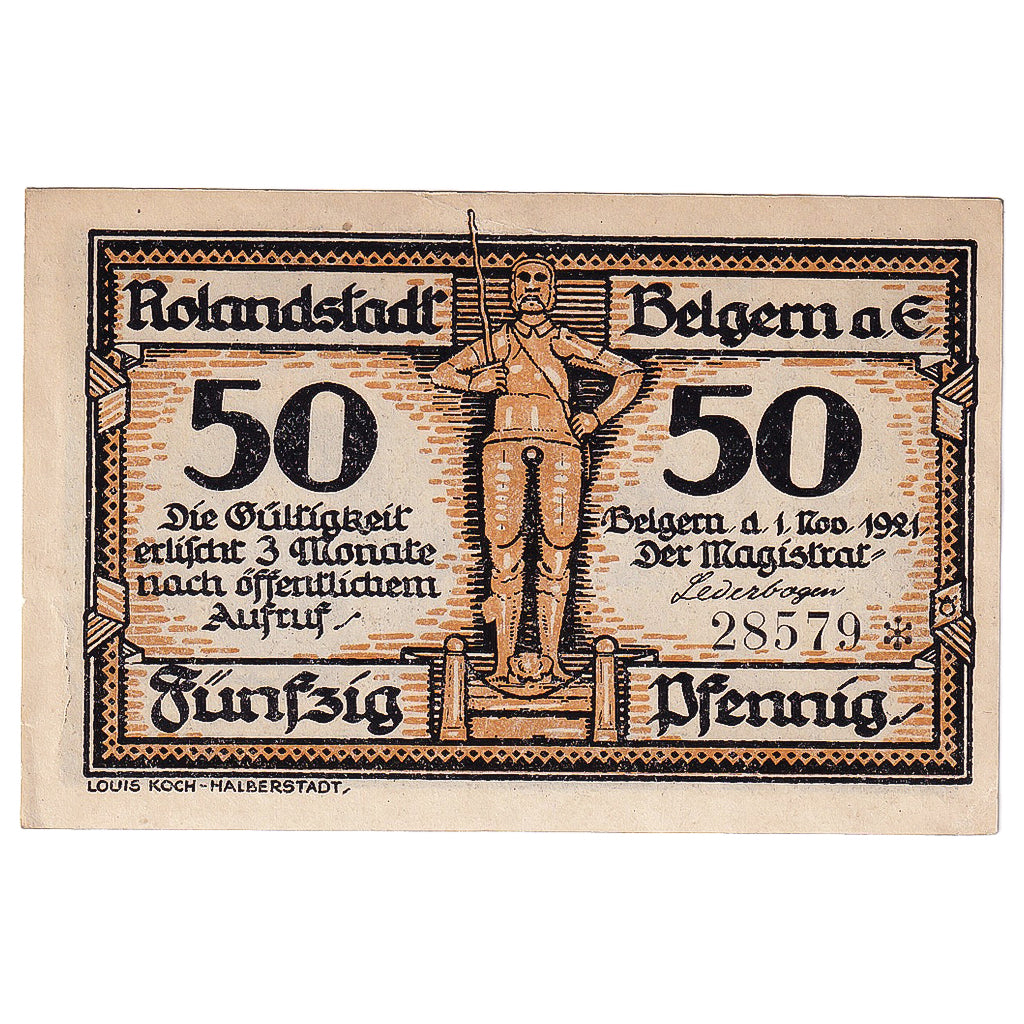 Geldschein, Deutschland, Belgern, 50 Pfennig, chevalier, 1921 UNZ- Mehl:70.1