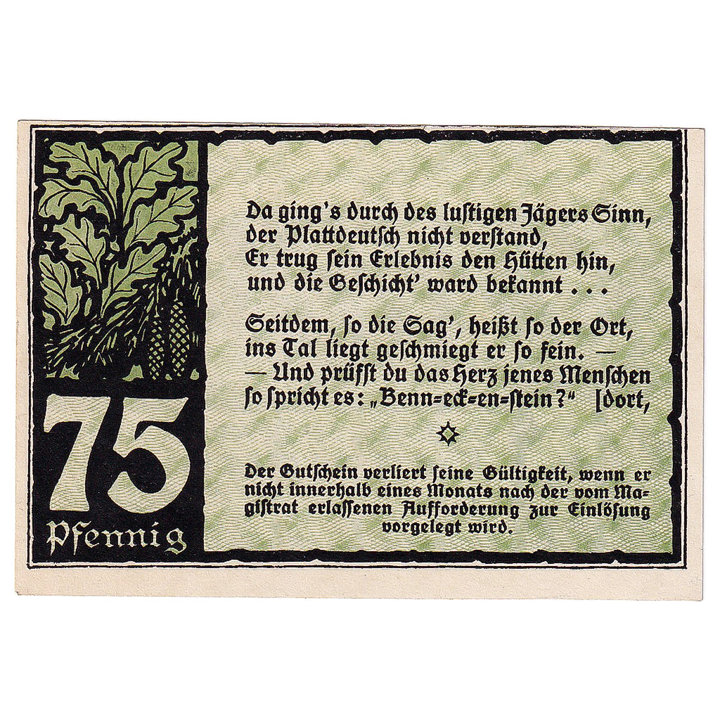 Geldschein, Deutschland, Benneckenstein 75Pfennig village 1921, UNZ- Mehl:73.1