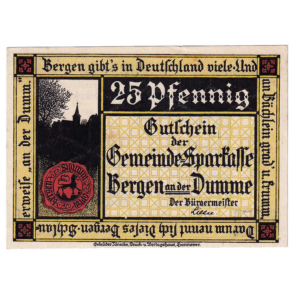 Geldschein, Deutschland, Bergen, 25 Pfennig, Eglise1922-12-31, UNZ- Mehl:78.1a