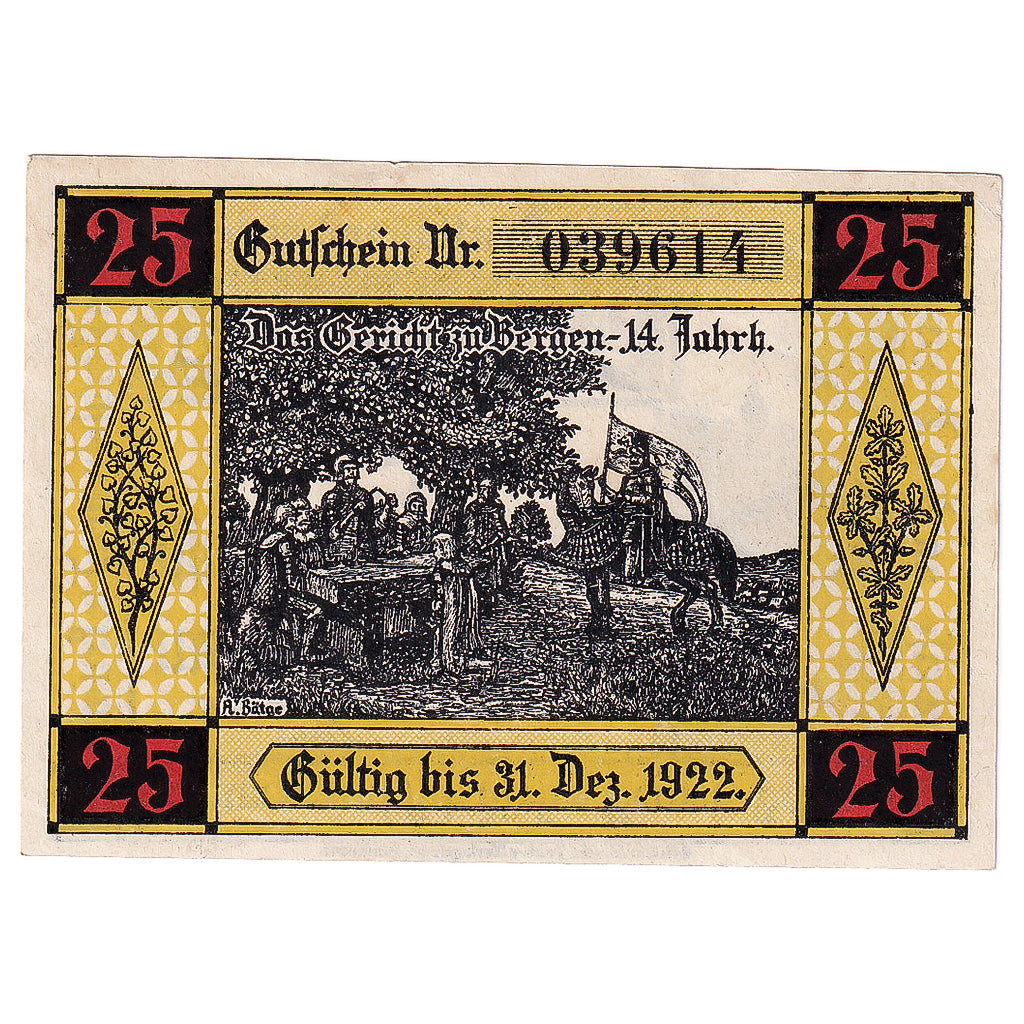 Geldschein, Deutschland, Bergen, 25 Pfennig, Eglise1922-12-31, UNZ- Mehl:78.1a