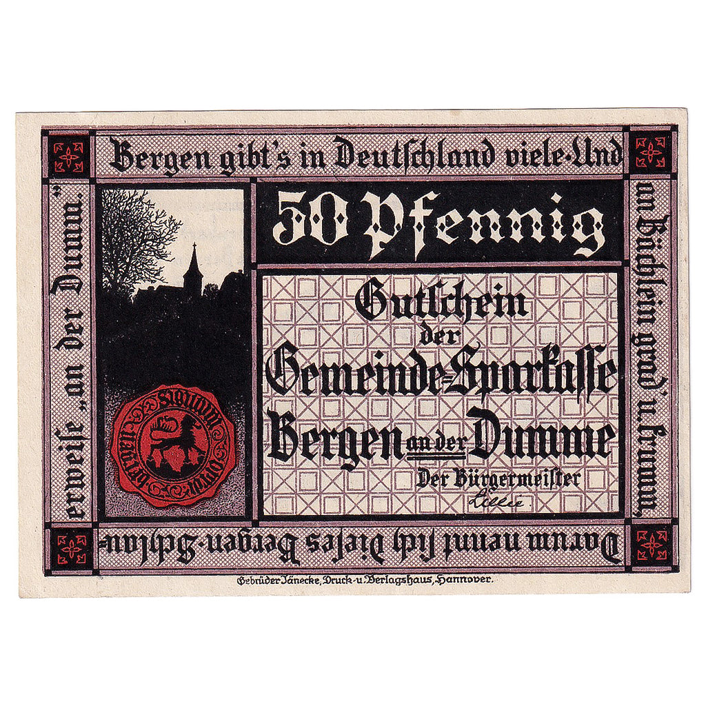 Banconote, Germania, Bergen, 50 Pfennig, chevalier, 1922, SPL Mehl:78.1a