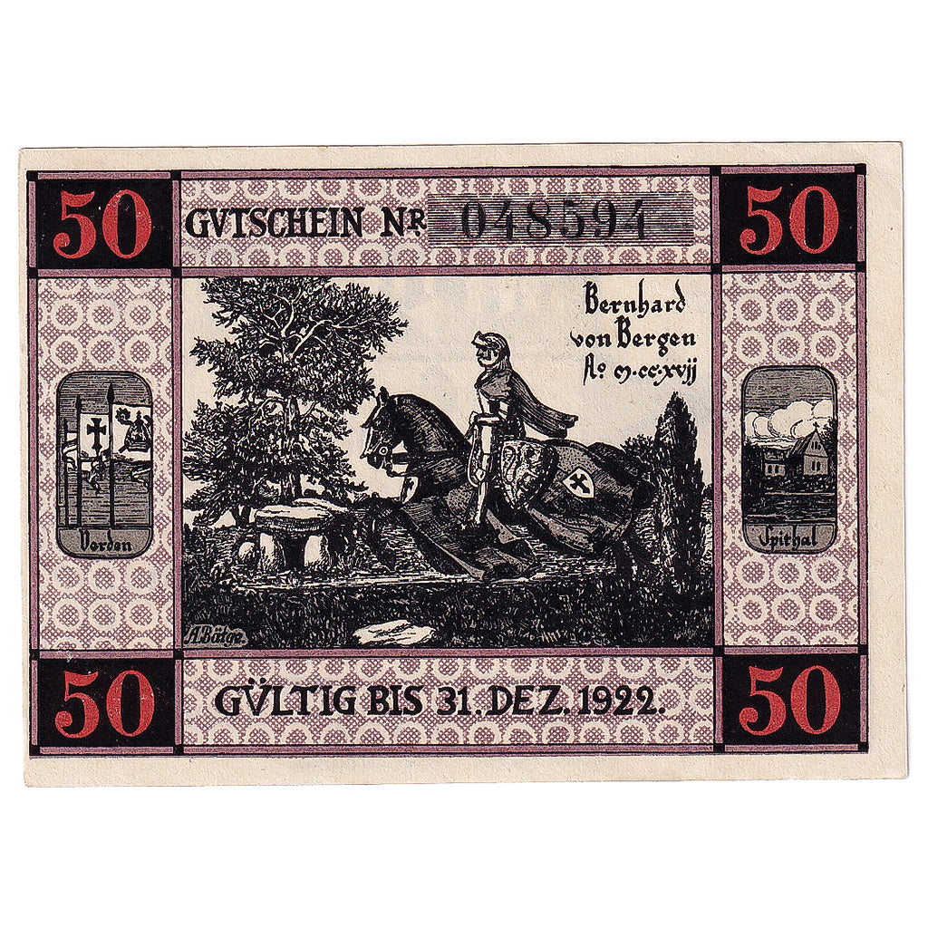 Banconote, Germania, Bergen, 50 Pfennig, chevalier, 1922, SPL Mehl:78.1a