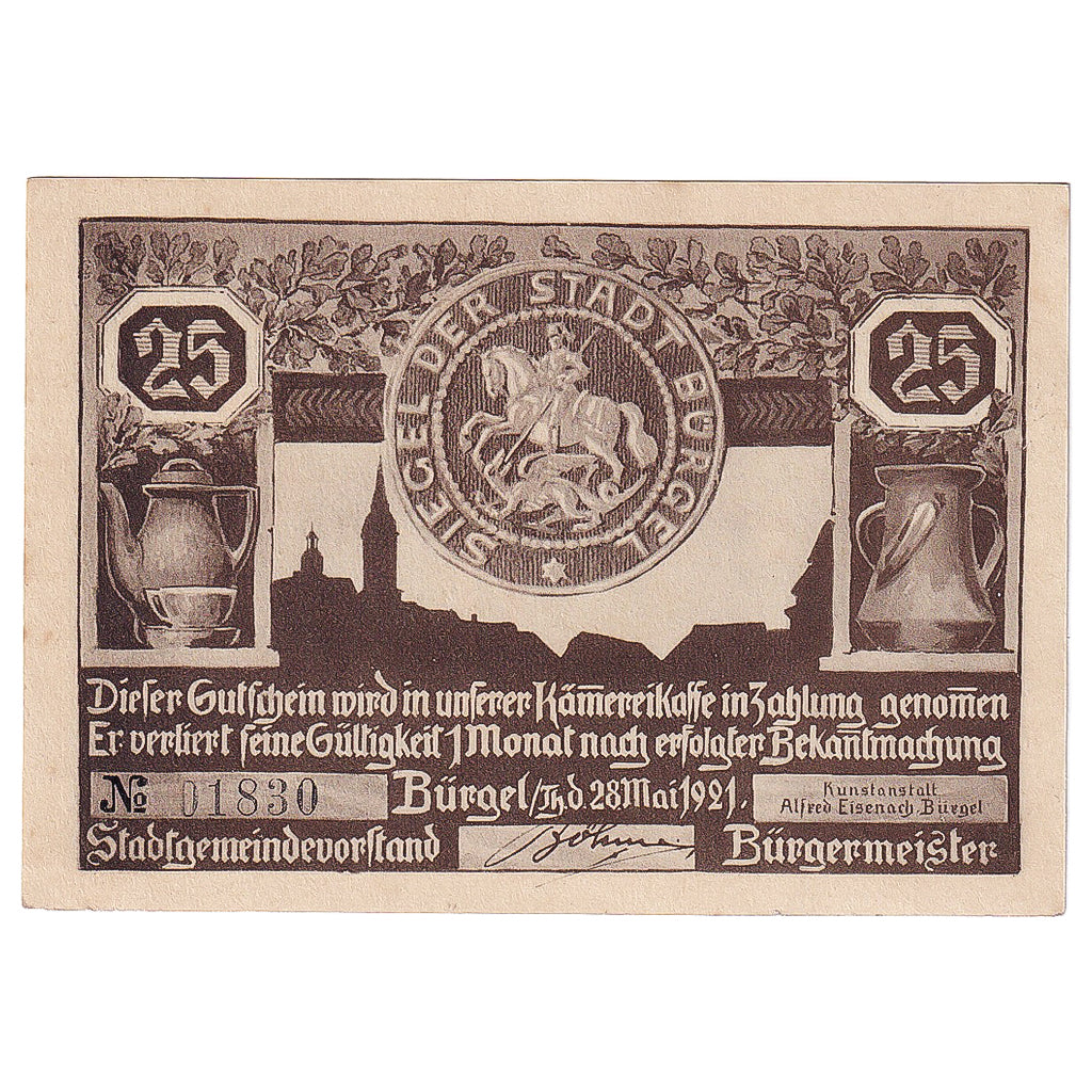Geldschein, Deutschland, Bürgel, 25 Pfennig, soldat 1921-05-28, UNZ- Mehl:201.1a