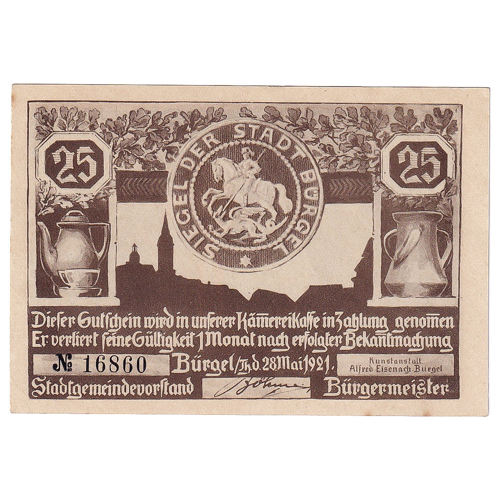 Banconote, Germania, Bürgel, 25 Pfennig, chasse 1921-05-28, SPL Mehl:201.1a