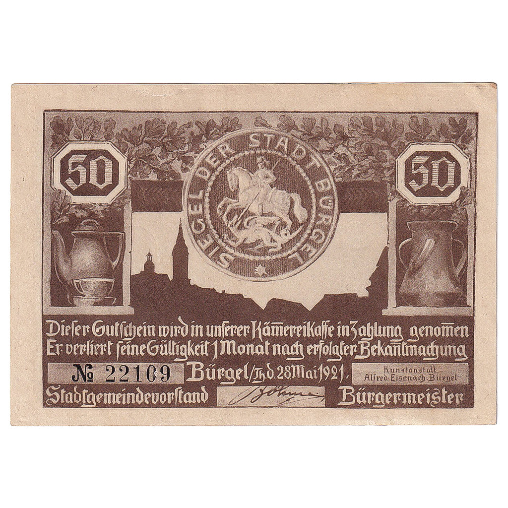 Banknot, Niemcy, Bürgel, 50 Pfennig, personnage 1921-05-28, UNC(63) Mehl:201.1a