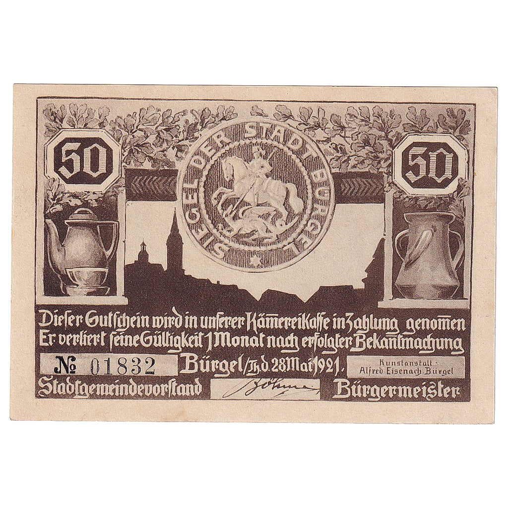 Banknot, Niemcy, Bürgel, 50 Pfennig, village 1921-05-28, UNC(63) Mehl:201.1a