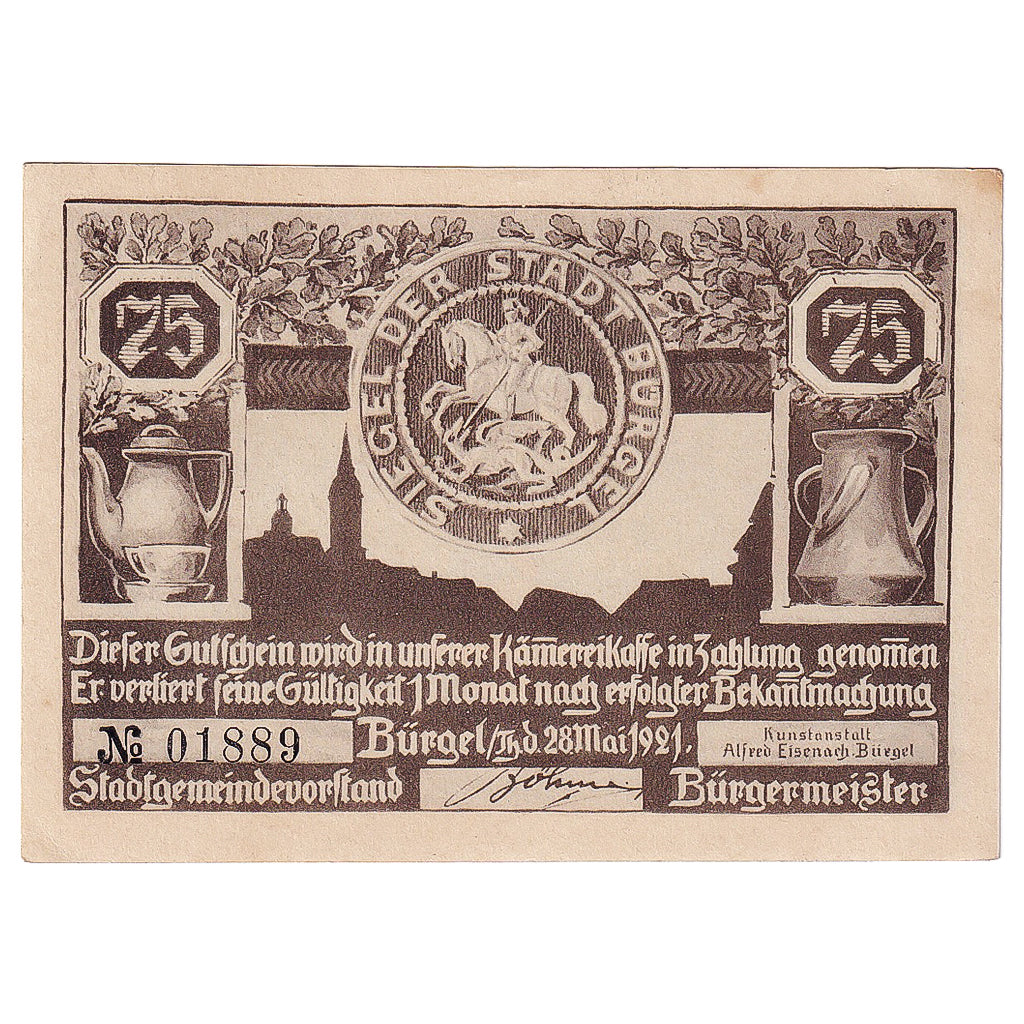 Geldschein, Deutschland, Bürgel, 75 Pfennig, personnage 1921 VZ Mehl:201.1a
