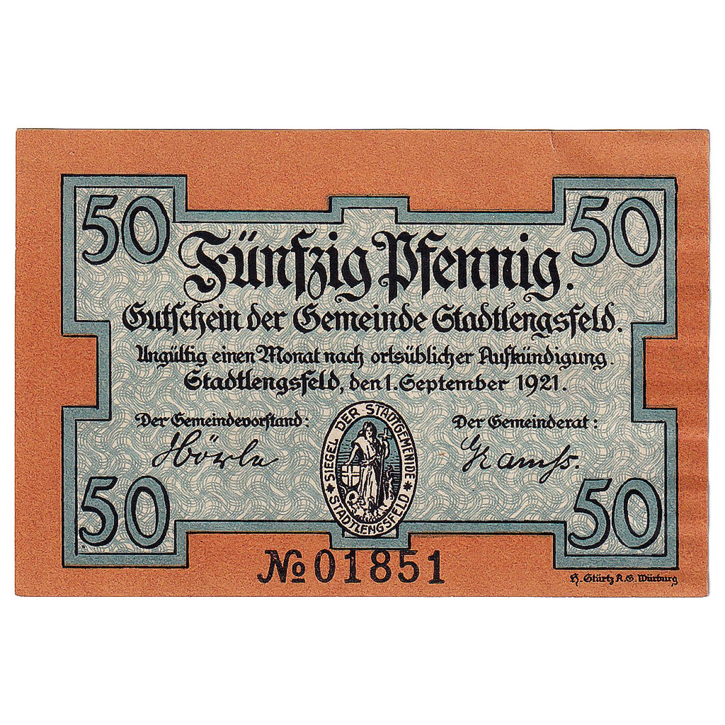 Geldschein, Deutschland, Stadtlengsfeld 50 Pfennig berger 1921 UNZ- Mehl:1251.1a