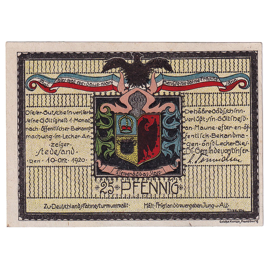 Banknot, Niemcy, Stedesand, 25 Pfennig, Blason 1920-10-10, UNC(63) Mehl:1259.1