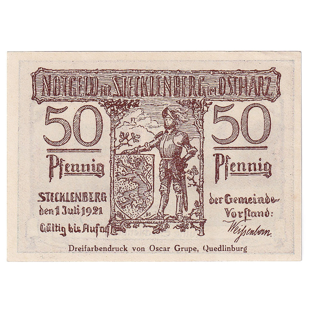 Geldschein, Deutschland, Stecklenberg 50Pfennig chevalier 1921 UNZ- Mehl:1258.1a
