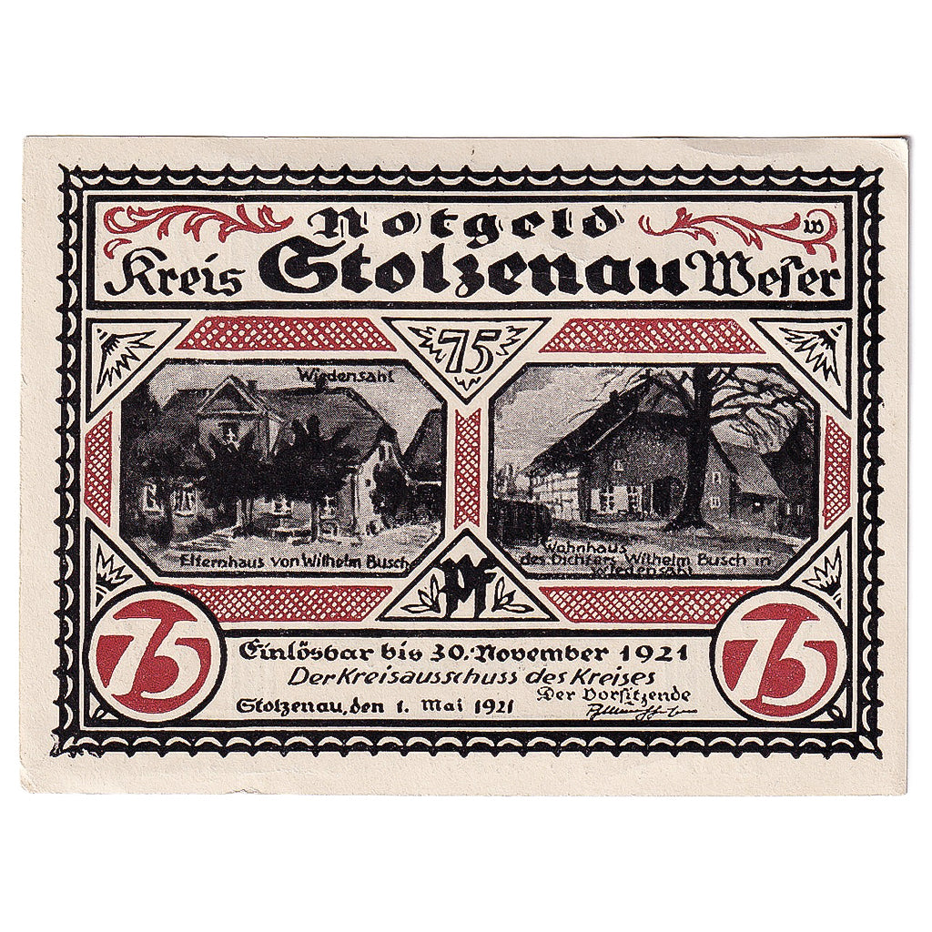 Geldschein, Deutschland, Stolzenau, 75 Pfennig, Maison 1921 UNZ- Mehl:1276.2