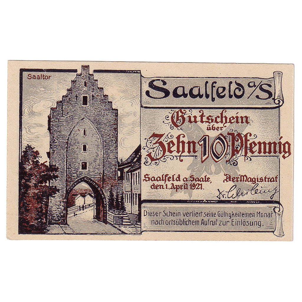 Geldschein, Deutschland, Saalfeld, 10 Pfennig, porte 1921-04-01 UNZ- Mehl:1155.1