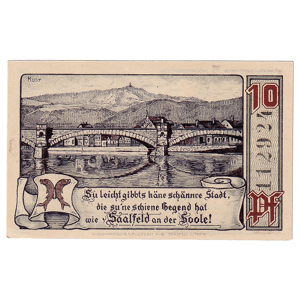 Geldschein, Deutschland, Saalfeld, 10 Pfennig, porte 1921-04-01 UNZ- Mehl:1155.1