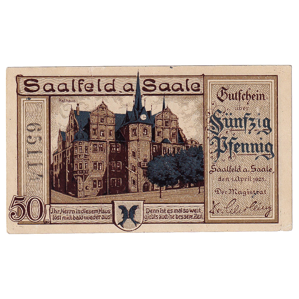 Geldschein, Deutschland, Saalfeld, 50 Pfennig, château 1921 UNZ- Mehl:1155.2