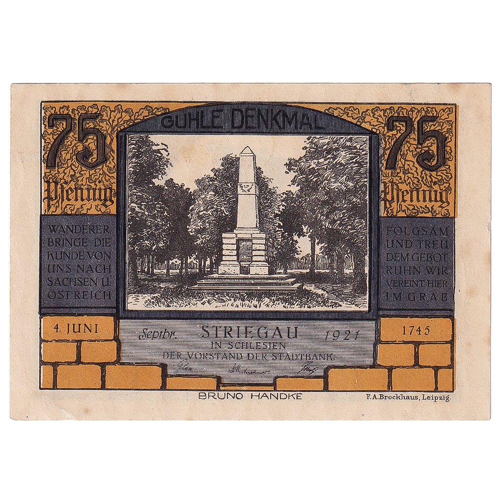 Banknot, Niemcy, Striegau, 75 Pfennig, Monument, 1921, AU(55-58), Mehl:1284.1