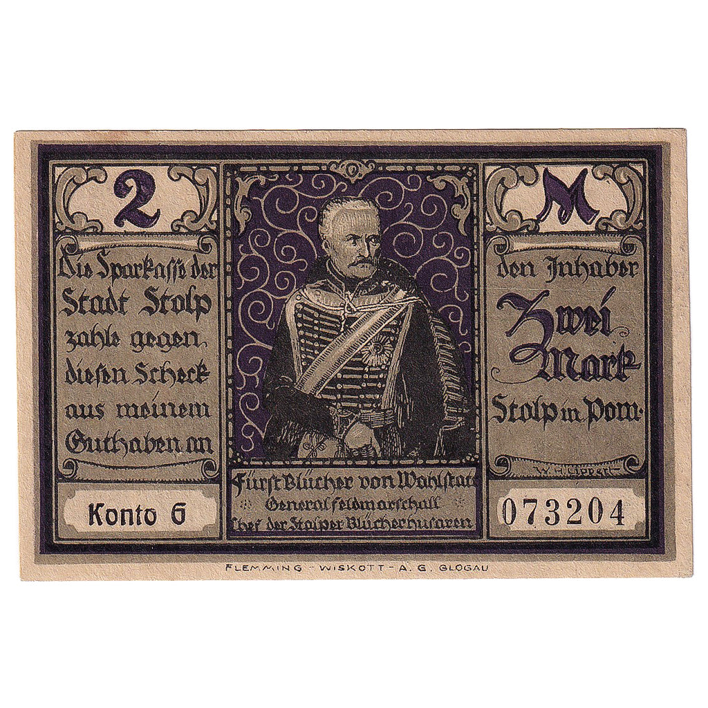 Banknot, Niemcy, Stolp, 2 Mark, personnage, 1922, UNC(63), Mehl:1275.5a
