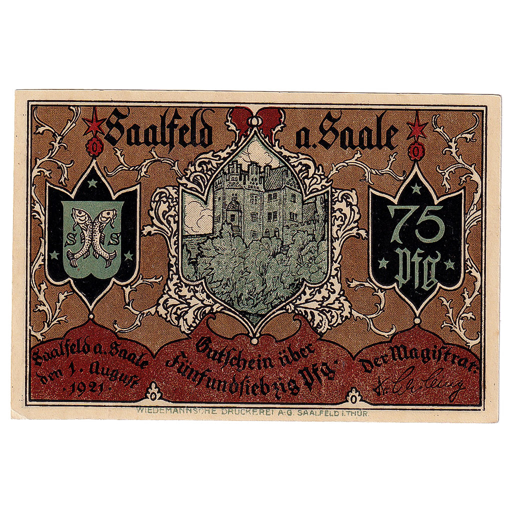 Geldschein, Deutschland, Saalfeld, 75 Pfennig, château, 1921 UNZ- Mehl:1155.5