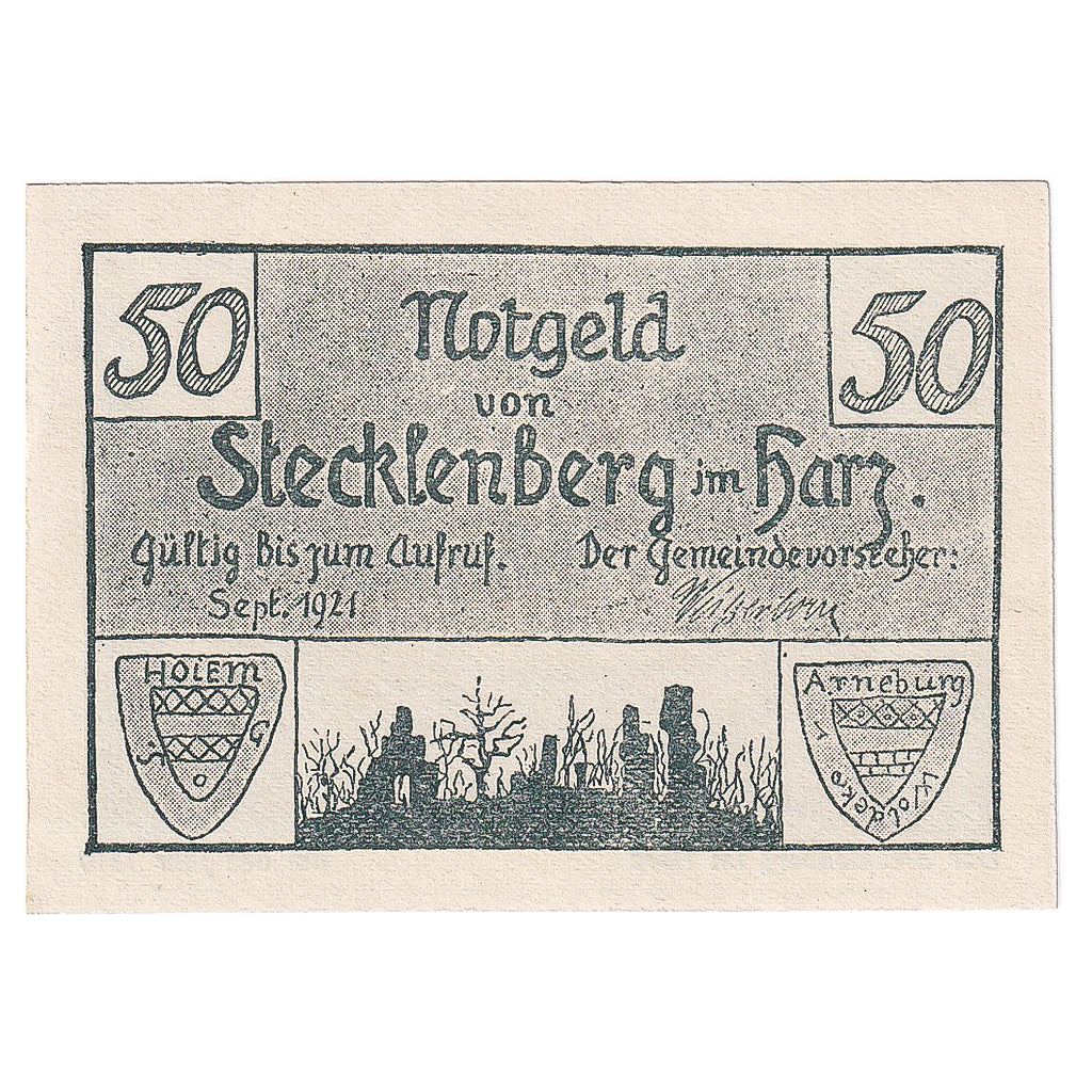 Banconote, Germania, Stecklenberg, 50 Pfennig, ruine, 1921, SPL, Mehl:1258.2
