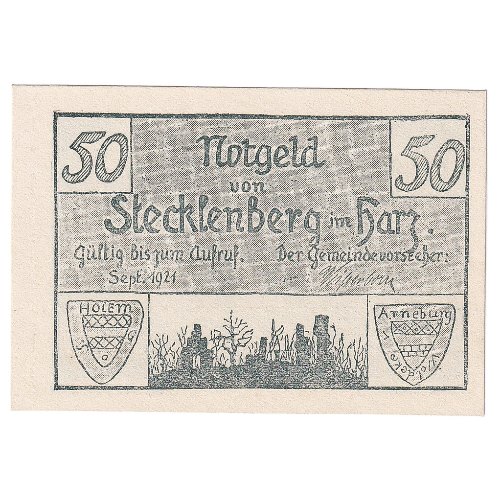 Banconote, Germania, Stecklenberg, 50 Pfennig, paysage, 1921, SPL, Mehl:1258.2