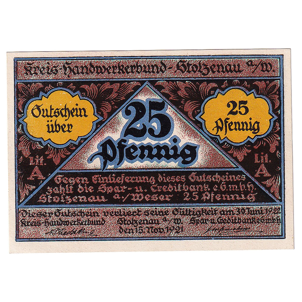 Banconote, Germania, Stolzenau, 25 Pfennig, peintre, 1922, SPL, Mehl:1277.1