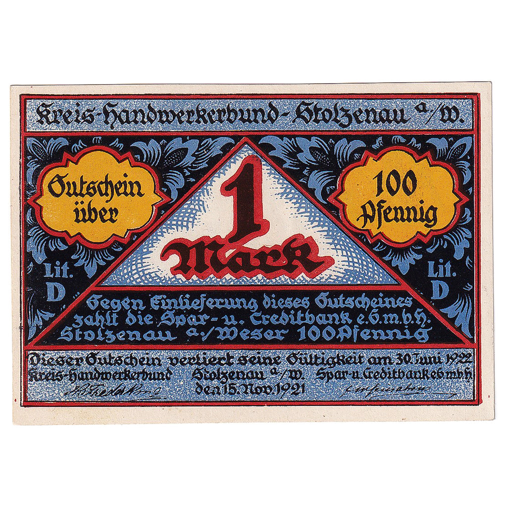Banknot, Niemcy, Stolzenau, 1 Mark, charpentier, 1922, UNC(63), Mehl:1277.1