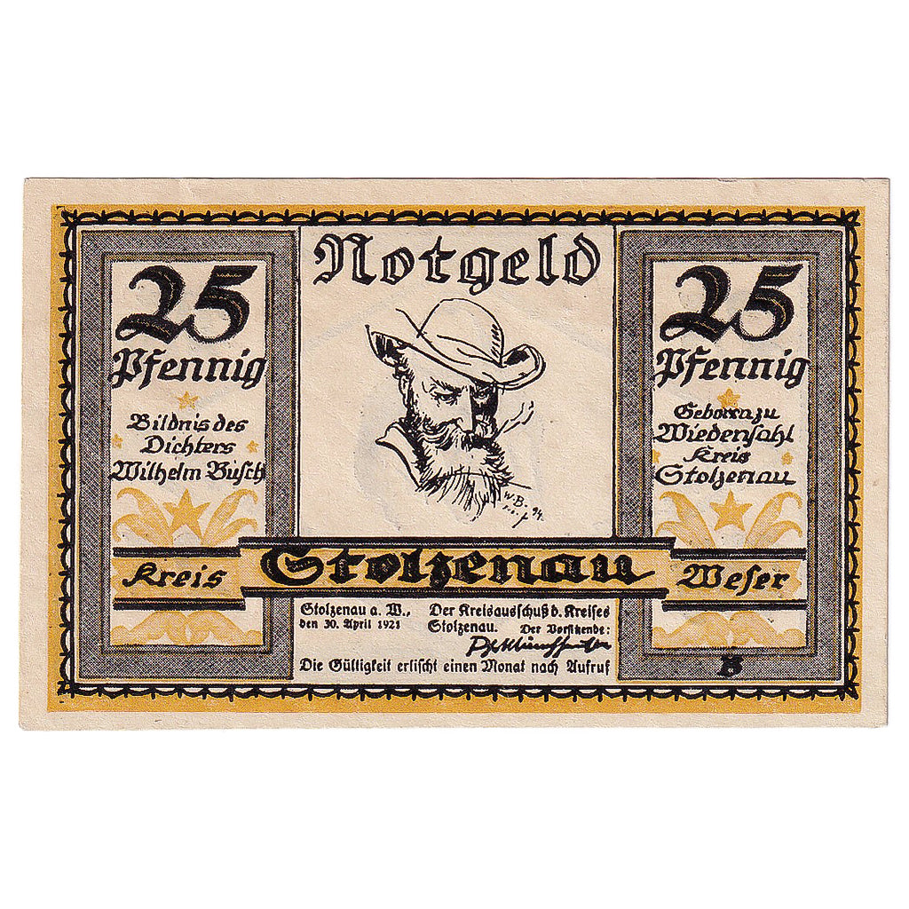 Geldschein, Deutschland, Stolzenau, 25 Pfennig, portrait 1921 UNZ- Mehl:1276.1a