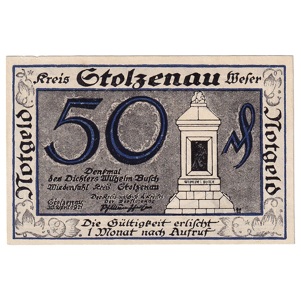 Banconote, Germania, Stolzenau, 50 Pfennig, Monument, 1921 SPL Mehl:1276.1a