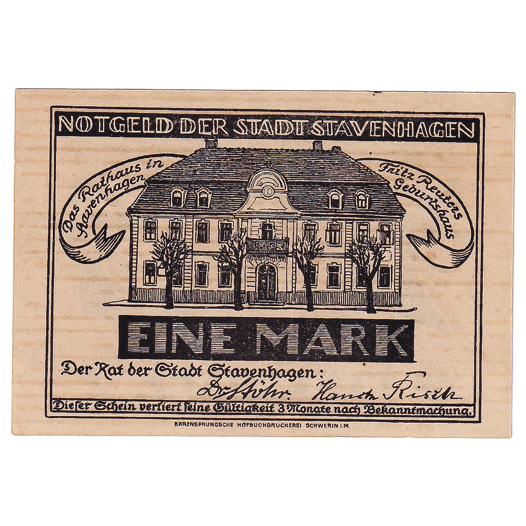 Geldschein, Deutschland, Stavenhagen, 1 Mark, portrait, 1921, UNZ-, Mehl:1257.1b