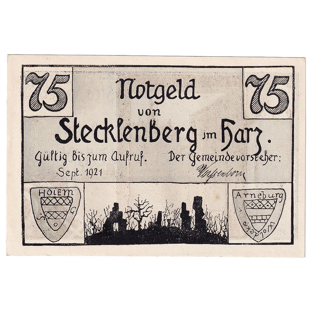 Geldschein, Deutschland, Stecklenberg, 75 Pfennig, Blason 1921, UNZ- Mehl:1258.3