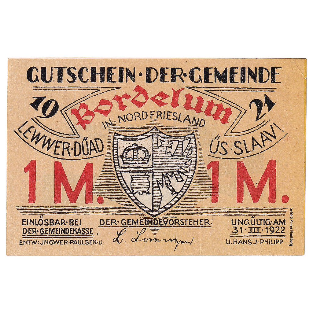 Banknot, Niemcy, Bordelum, 1 Mark, Blason, 1922, 1922-03-31, UNC(63), Mehl:143.1