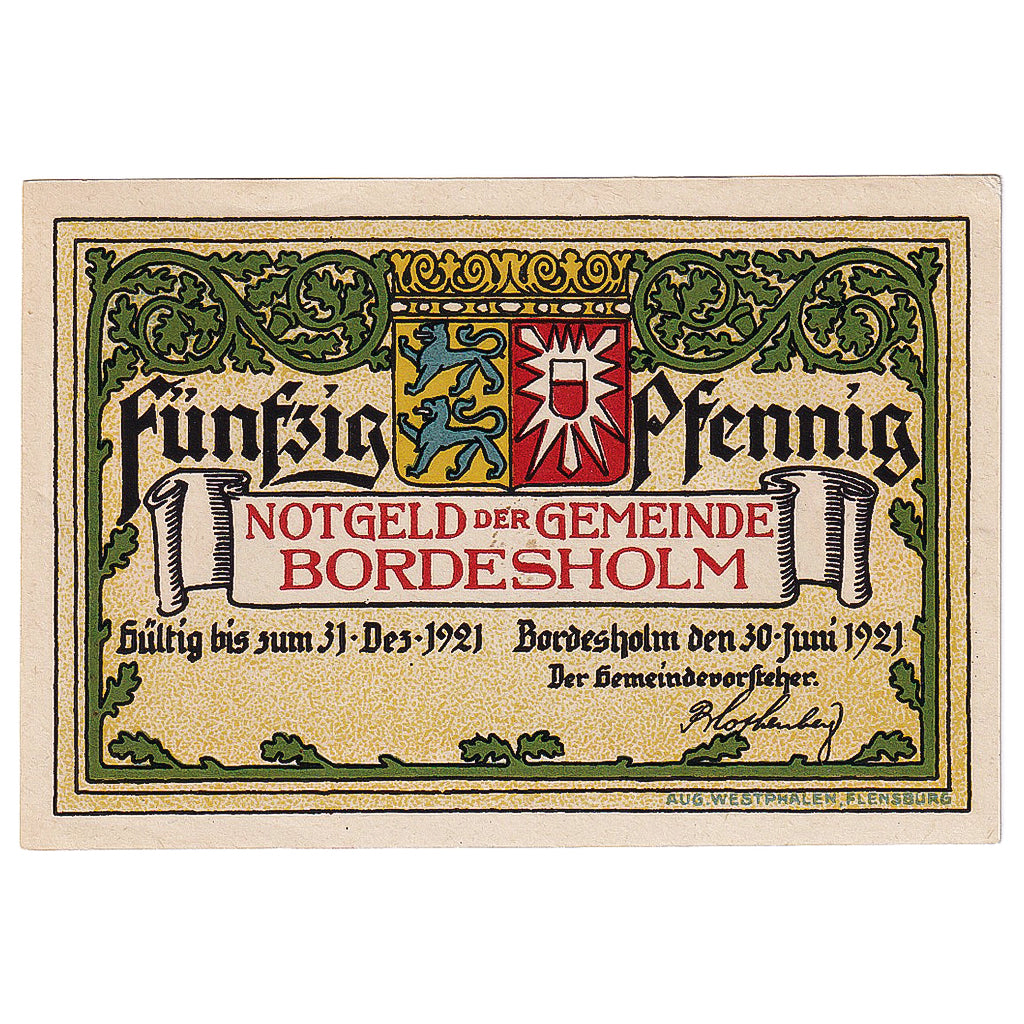 Banknot, Niemcy, Bordesholm, 50 Pfennig, drapeau 1921-12-31, UNC(63) Mehl:144.1