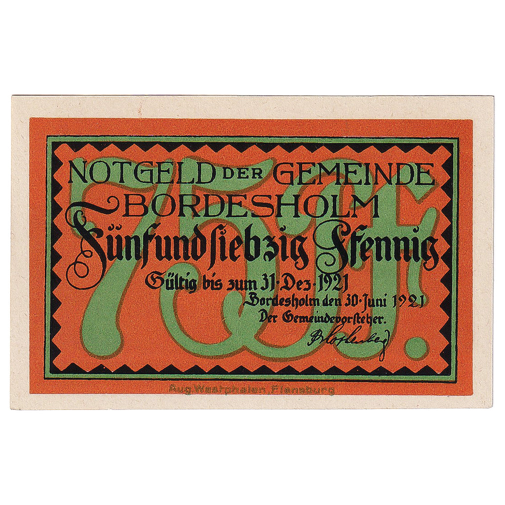 Geldschein, Deutschland, Bordesholm, 75 Pfennig, lac 1921-12-31, UNZ- Mehl:144.2