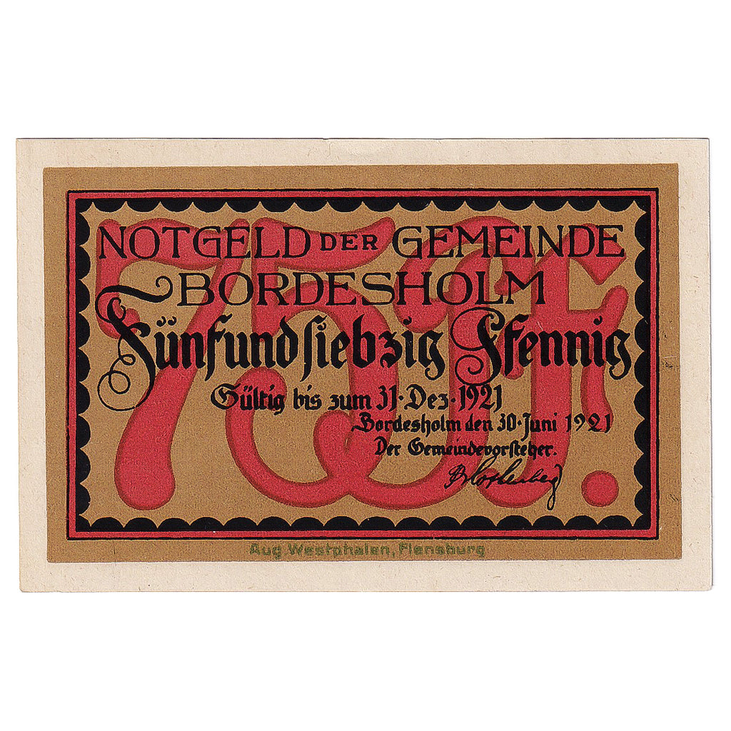 Geldschein, Deutschland, Bordesholm, 75 Pfennig, Forêt, 1921 UNZ- Mehl:144.2