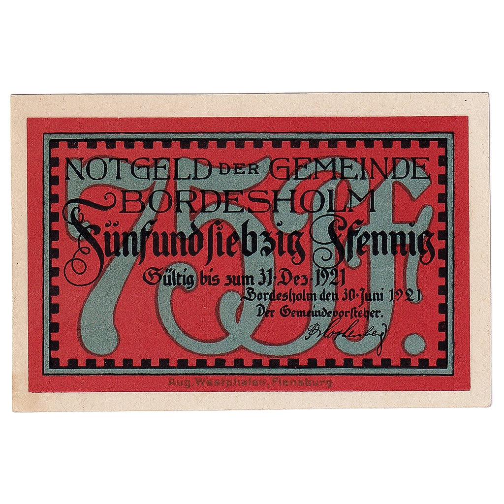 Banconote, Germania, Bordesholm, 75 Pfennig, Eglise 1921-12-31, SPL Mehl:144.2