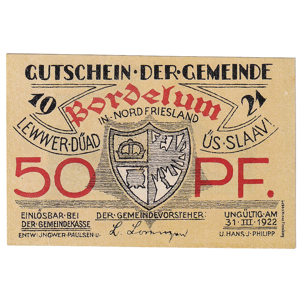 Banconote, Germania, Bordelum, 50 Pfennig, ferme 1922-03-31, SPL Mehl:143.1