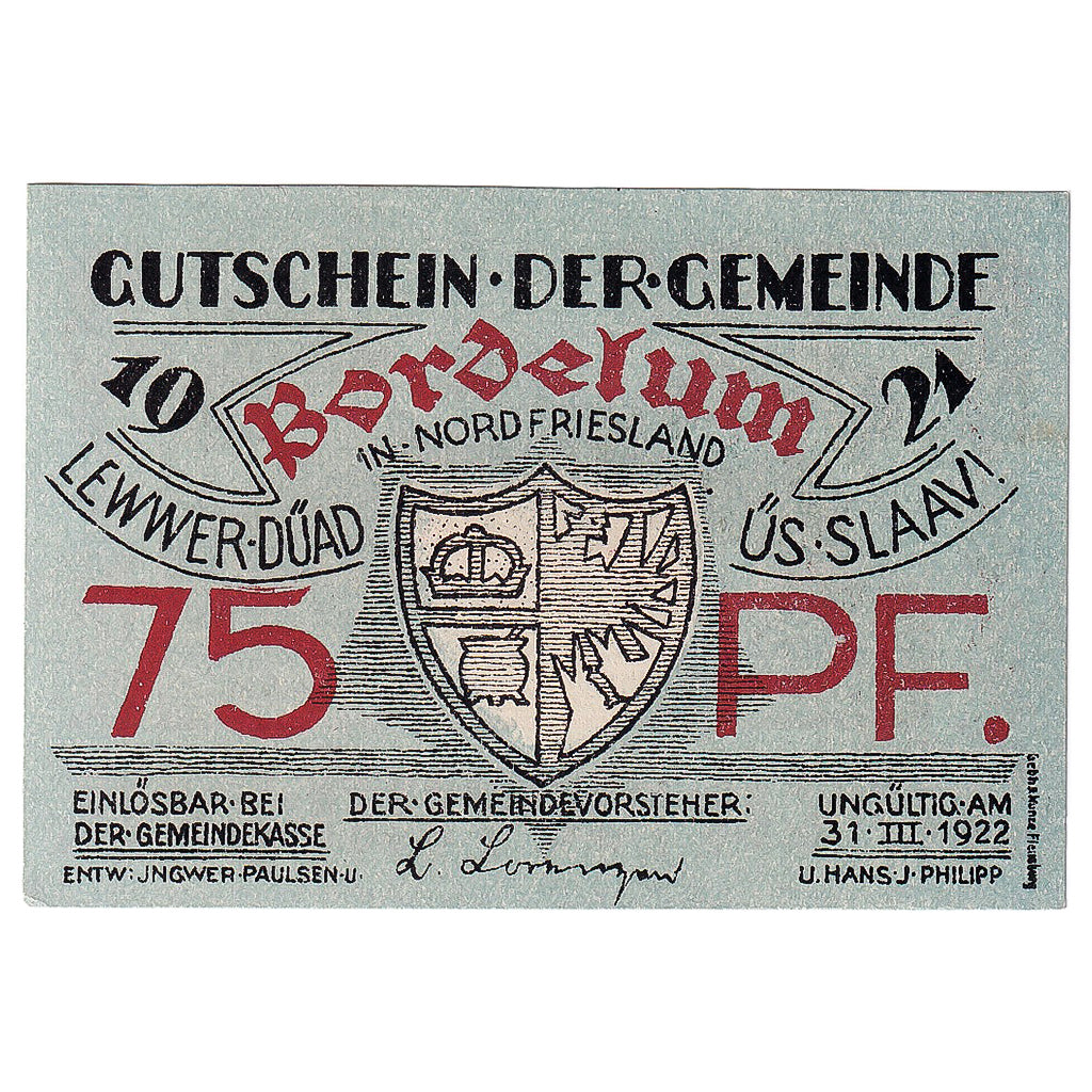 Banconote, Germania, Bordelum, 75 Pfennig, Blason 1922-03-31, SPL Mehl:143.1