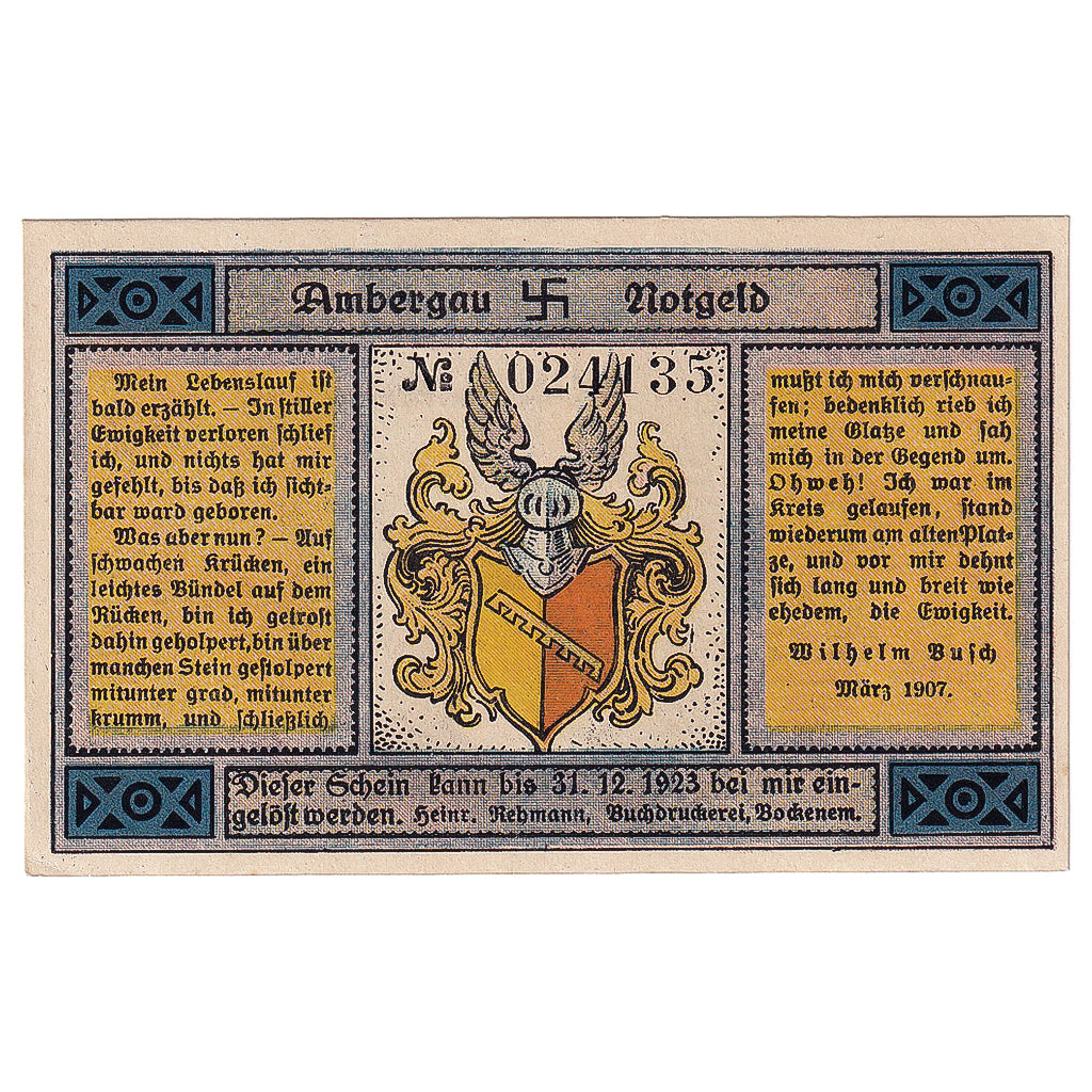 Geldschein, Deutschland, Bockenem, 1 Mark, Blason 1923-12-31, UNZ- Mehl:130.1