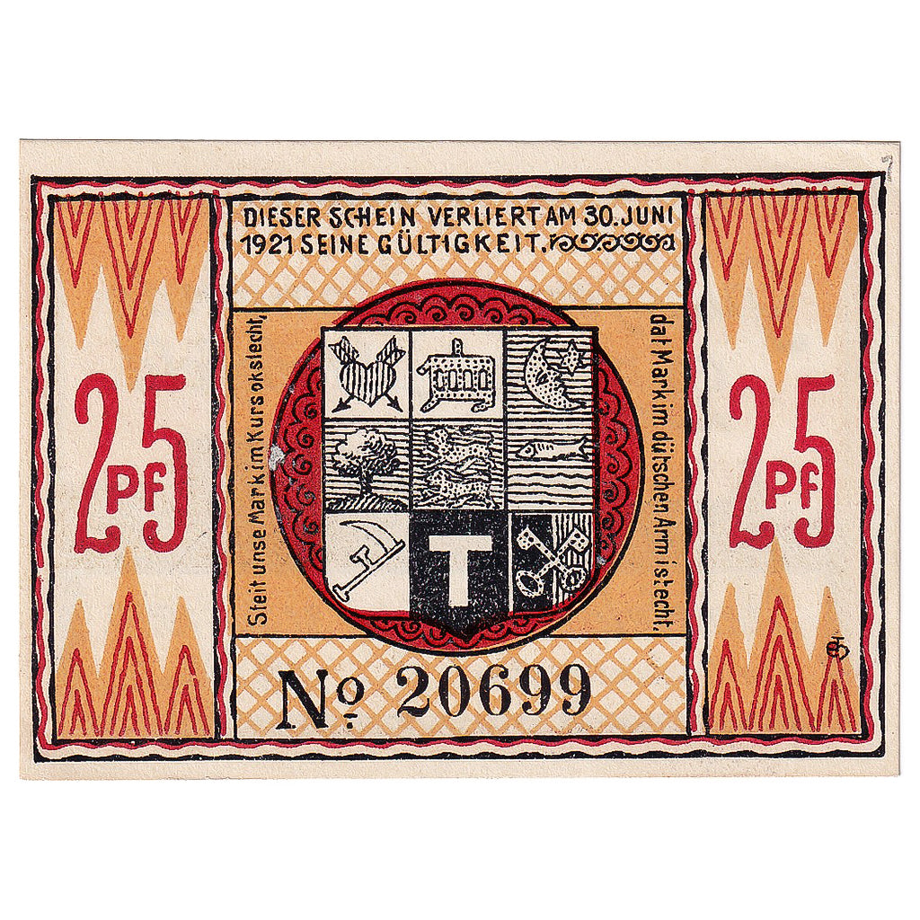 Billete, Alemania, Steinfeld, 25 Pfennig, Blason, 1921 SC Mehl:1262.4