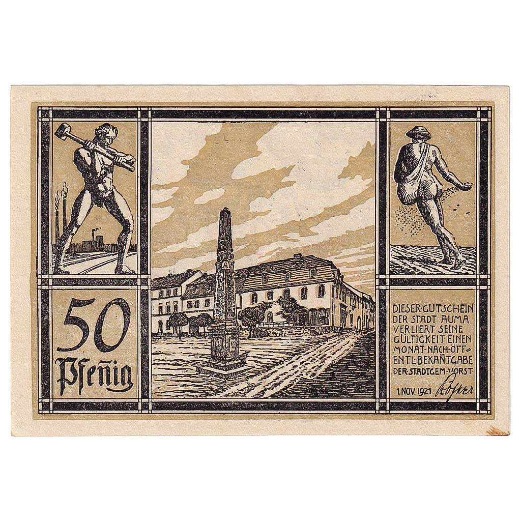 Geldschein, Deutschland, Auma, 50 Pfennig, Monument 1921-11-01, UNZ- Mehl:55.4a