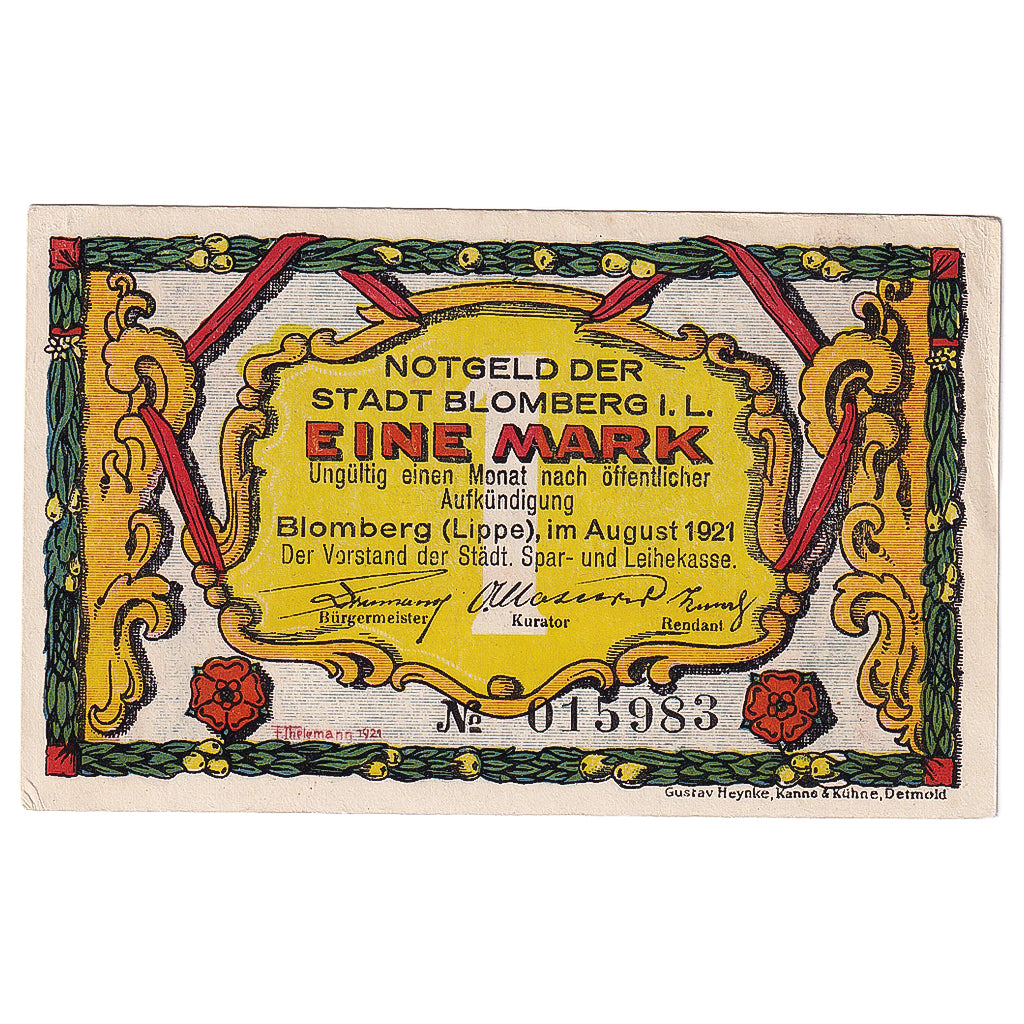 Banconote, Germania, Blomberg, 1 Mark, personnage, 1921, SPL, Mehl:122.2a